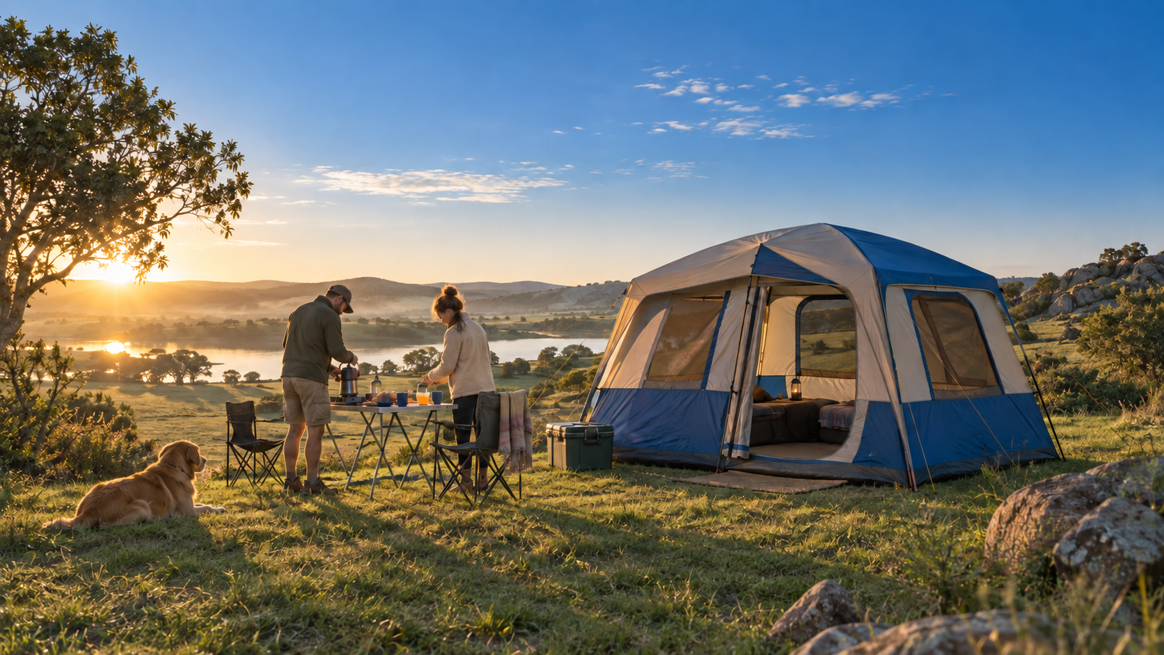Carpa azul amplia en un campamento junto al lago